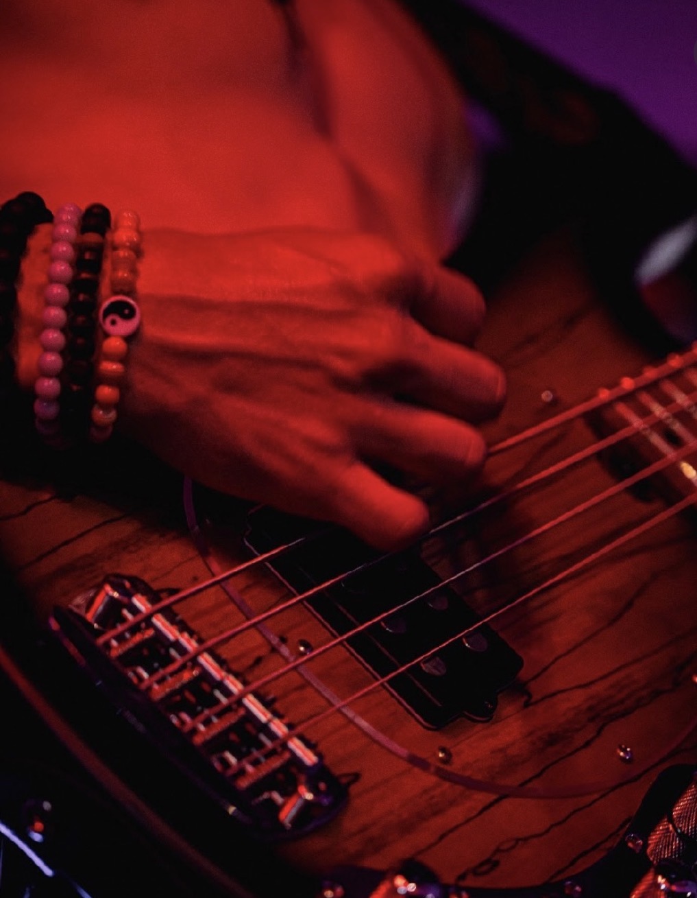 Zombieland — bassist's hands on the strings under red light